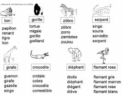 fiche pour reconnaitre des mots sur les animaux parmi d'autres