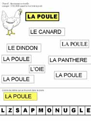 fiche pour reconnaitre le mot poule
	  