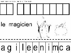 fiche pour remettre les lettres script dans l'ordre pour former les mots le magicien