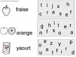 fiche sur les aliments pour retrouver les lettres contenues dans des mots parmi d'autres lettres