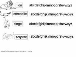 fiche sur les animaux pour retrouver les lettres contenues dans des mots parmi d'autres lettres