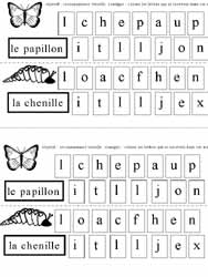 fiche sur le papillon pour retrouver les lettres contenues dans des mots parmi d'autres lettres