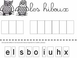 fiche pour remettre les lettres dans l'ordre pour former les mots les hiboux