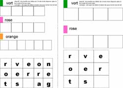 fiche pour remettre les lettres dans l'ordre pour former les motsrose, orange et vert