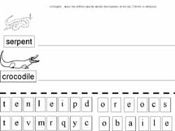 fiche pour remettre les lettres dans l'ordre pour former les mots serpent et crocodile