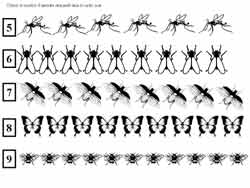 fiche de dénombrement pour colorier le nombre d'insectes demandés jusqu'à 9