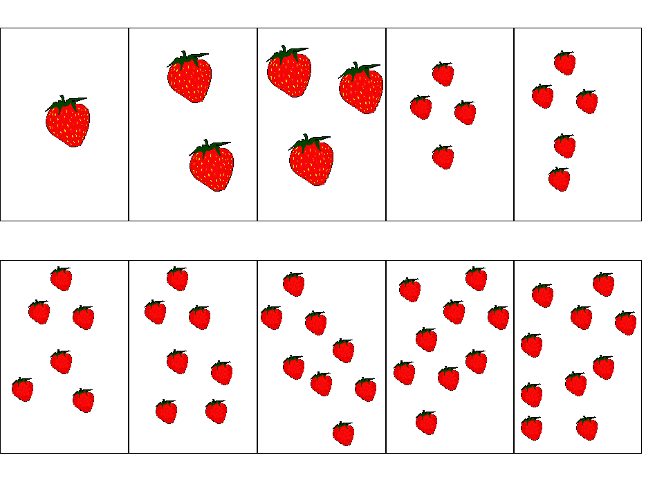 cartes avec des quantité de fraises différentes qu'il faut compter