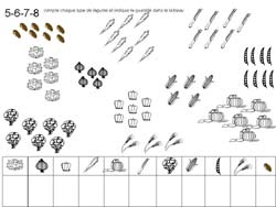 fiche de dénombrement pour compter des légumes et indiquer leur quantité dans un tableau
