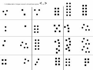 fiche de mathématiques pour comparer des quantités de points jusqu'à 10 en utilisant les signes plus grand que ou plus petit que