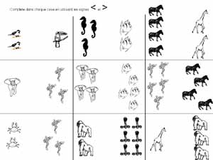 fiche de mathématiques pour comparer des quantités d'animaux jusqu'à 5 en utilisant les signes plus grand que ou plus petit que