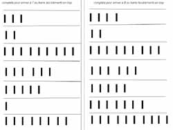 fiche de mathématiques pour dessiner lesbâtons manquants pour arriver à la quantité demandée jusqu'à 8