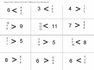 fiche de mathématiques pour choisir parmi plusieurs un nombre plus grand ou moins grand selon les cas