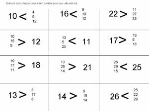 fiche de mathématiques pour écrire un nombre plus grand ou moins grand selon les cas