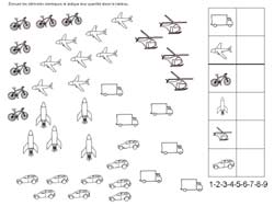 fiche de mathématiques entourer des véhicules différents en indiquer le nombre dans un tableau