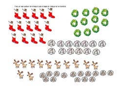 fiche de mathématiques pour faire un sac autour de chaque objet de Noël et en indiquer le nombre