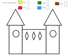 fiche de math avec codage couleurs et formes dans un château