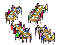image représentant des enfants en classe sur des tables par groupe en train d'écrire