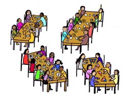 image représentant des enfants à la cantine sur des tables par groupe en train de manger