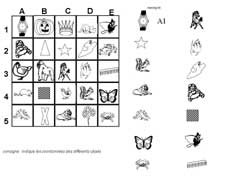 fiche pour apprendre à trouver les coordonnées d'une case et indiquer pour une série d'objets dans un tableau leurs coordonnées