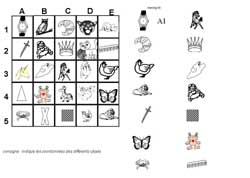 fiche pour apprendre à trouver les coordonnées d'une case et indiquer pour une série d'objets dans un tableau leurs coordonnées