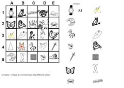 fiche pour apprendre à trouver les coordonnées d'une case et indiquer pour une série d'objets dans un tableau leurs coordonnées