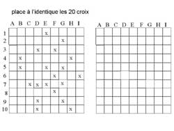 fiche pour placer des croix à la même place que sur le modèle en s'aidant de l'abscisse et l'ordonnée dans un tableau de 100 cases